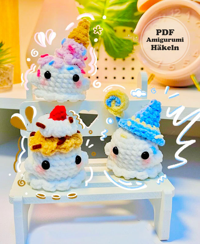 Amigurumi Geist in 3 Modi Eiscreme, Hexe und Kuchen (3)